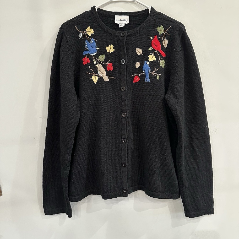 Women's Breckenridge Sweater Cardigan Black Cardinals Birds Leaves Large‎